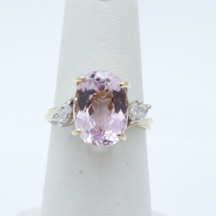 Vintage Ladies Kunzite Diamonds 14K Yellow Gold Ring