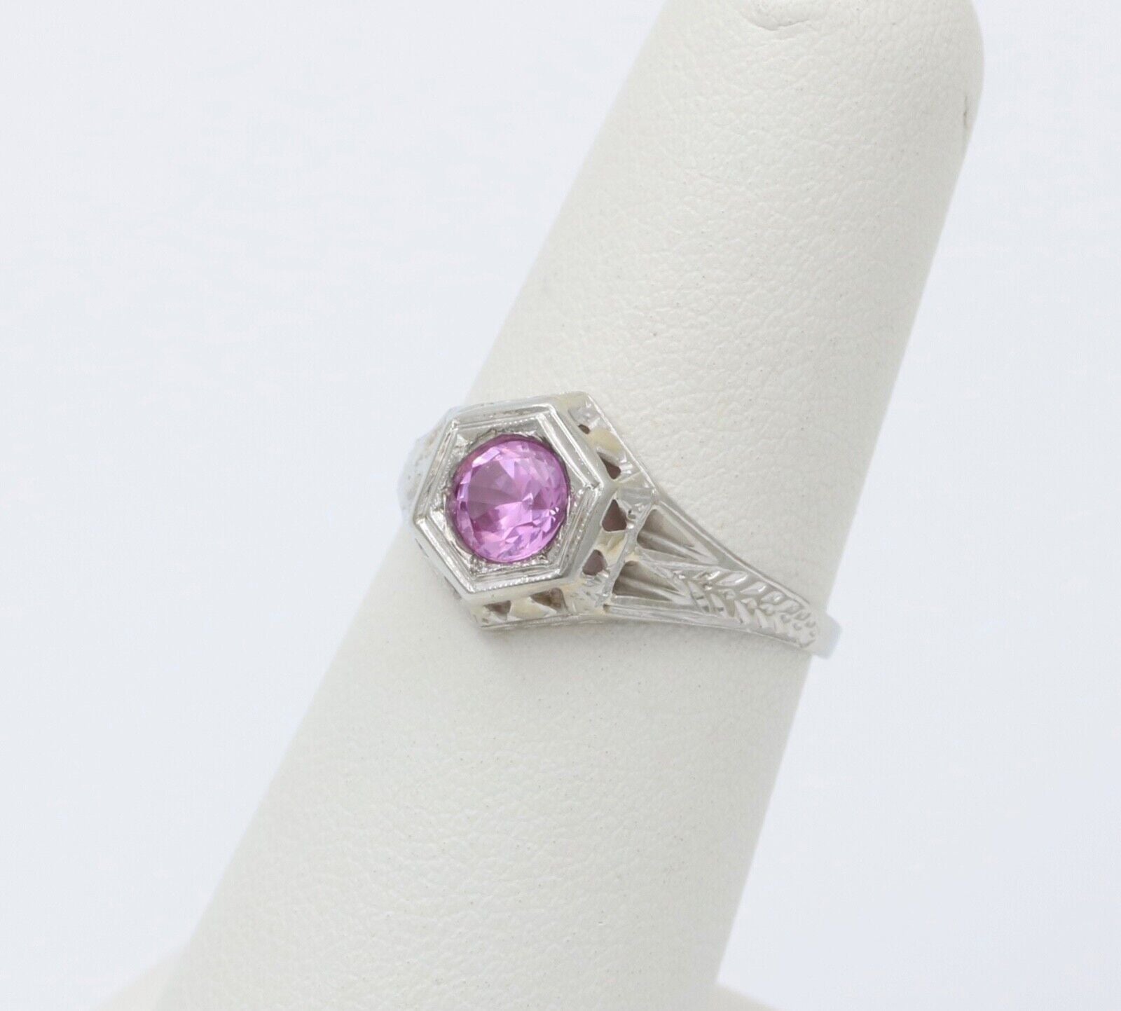 Art Deco 18K White Gold Pink Sapphire Filigree Ring Band, Engagement Ring