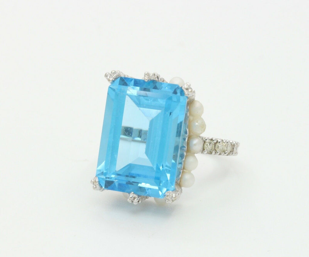Elegant Retro Emerald Cut Blue Topaz Diamonds Pearls 18K White Gold Ring
