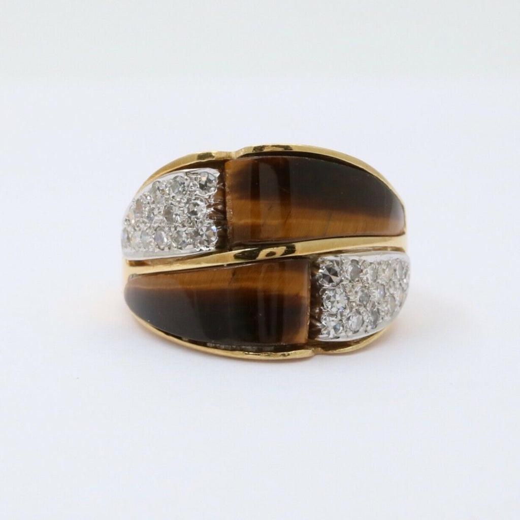 Vintage Italian Tiger's Eye Diamonds 18K Yellow Gold Ring