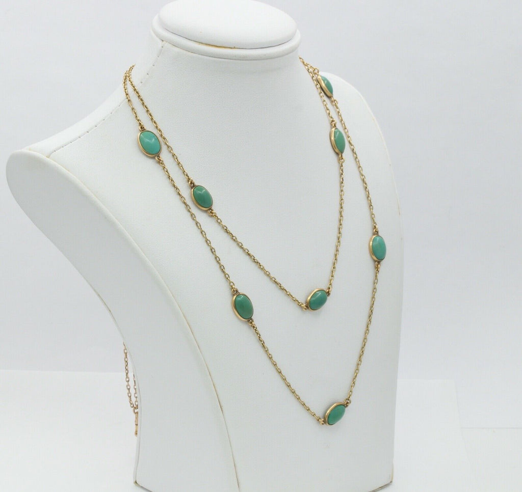 Vintage 14K Yellow Gold  51 Inch Doubling Natural Turquoise Chain