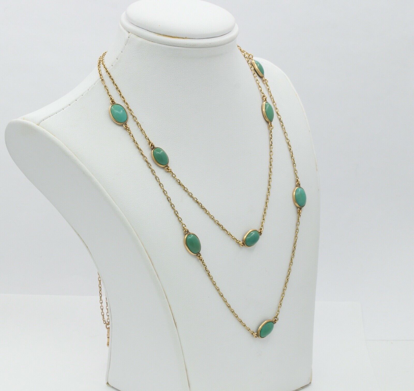 Vintage 14K Yellow Gold  51 Inch Doubling Natural Turquoise Chain