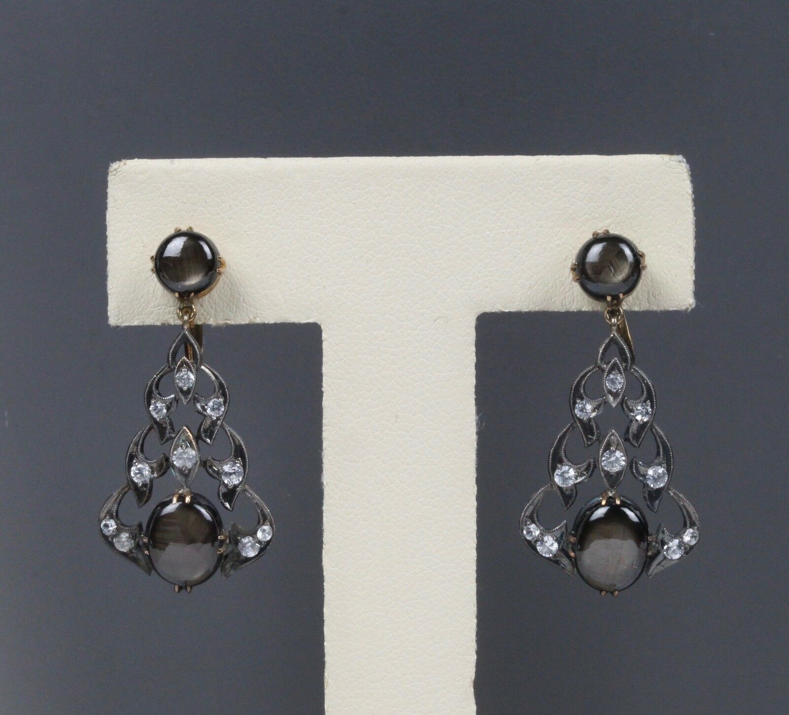 Victorian 14K Yellow Gold and Silver Black Star Sapphire Chandelier Earrings