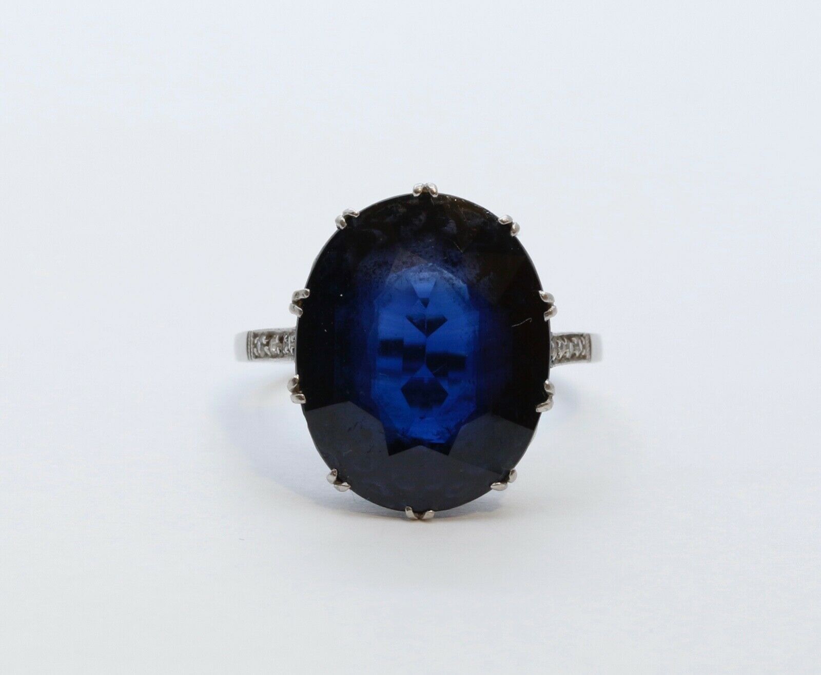 Art Deco Large Synthetic Sapphire Diamonds Platinum Cocktail Ring