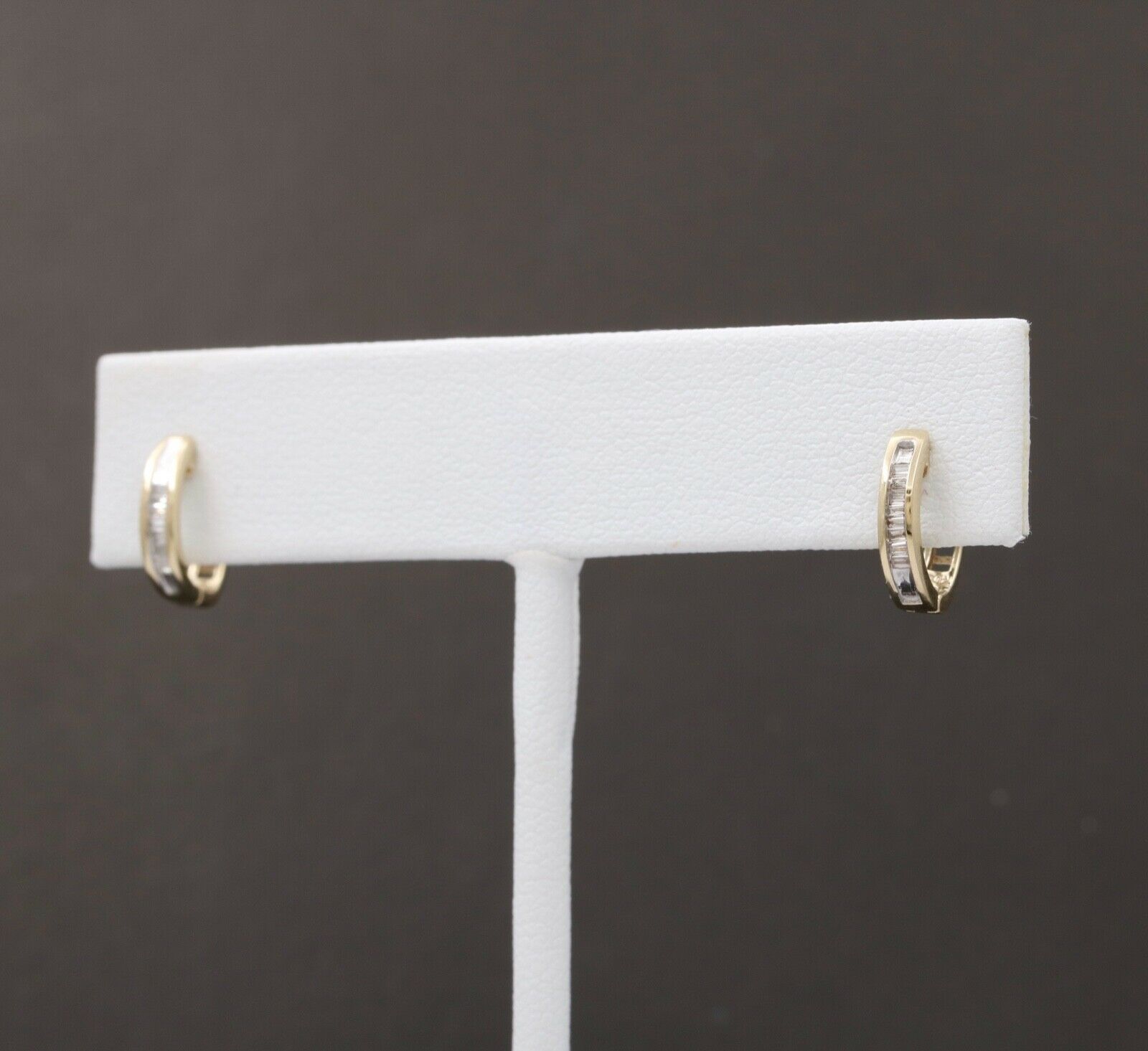 Cute Vintage Huggie Baguette Diamonds 10K Yellow White Gold Earrings