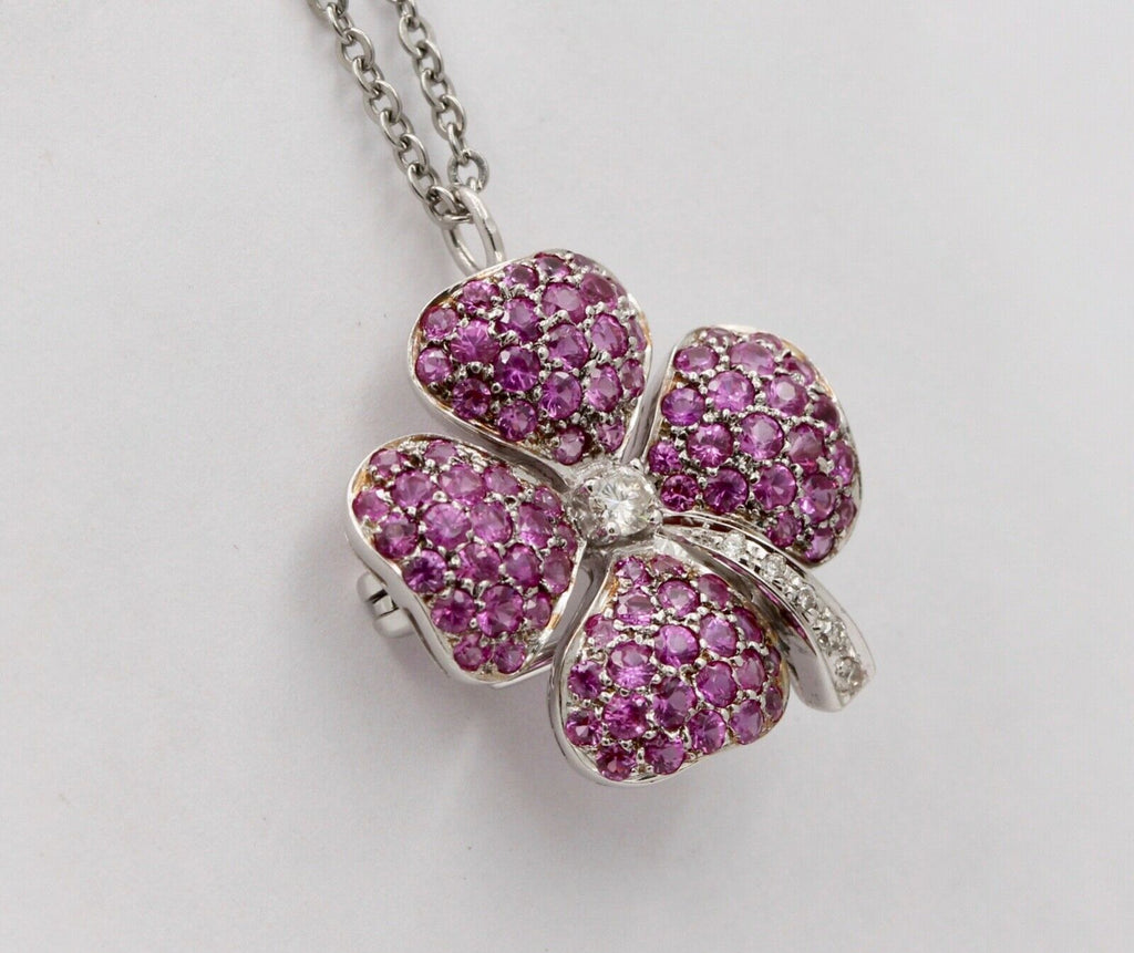 Vintage Four Leaf Clover Rubies Diamonds 14K White Gold Pendant Brooch Pin