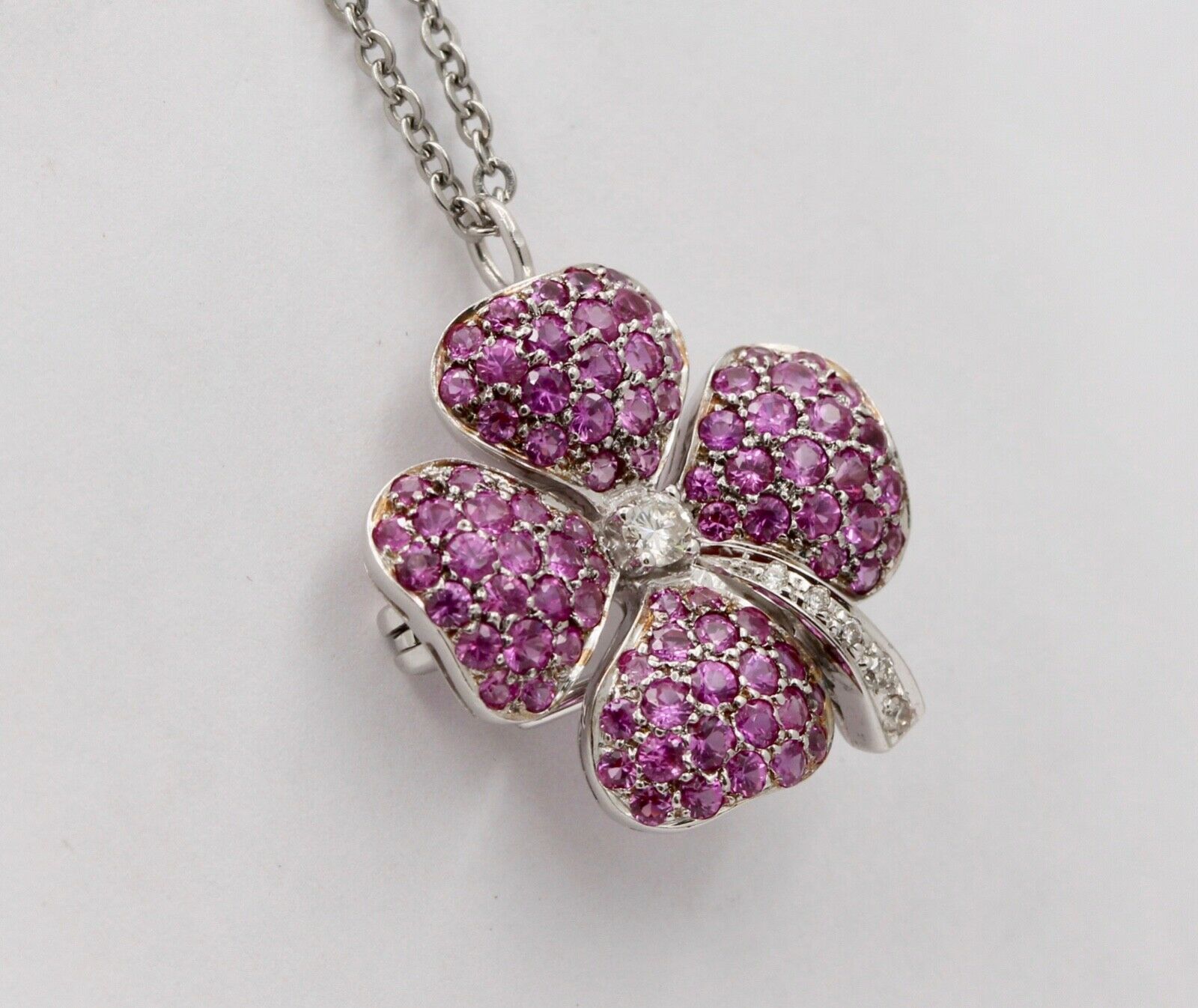 Vintage Four Leaf Clover Rubies Diamonds 14K White Gold Pendant Brooch Pin