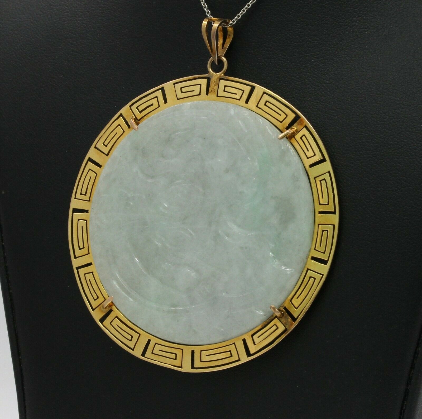 Vintage Custom Made 14K Yellow Gold Huge Carved Dragon Jade Pendant