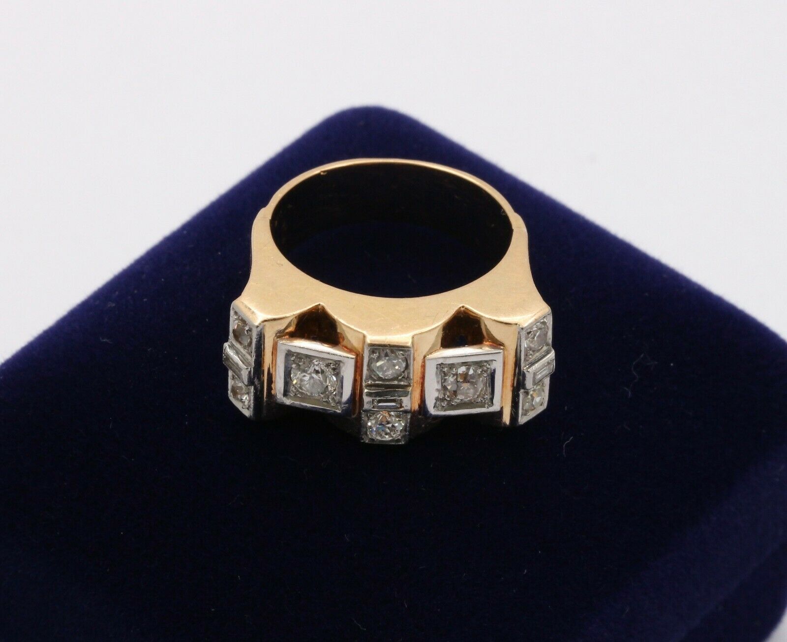 Retro 18K Yellow Gold Boxy Diamond Statement Ring