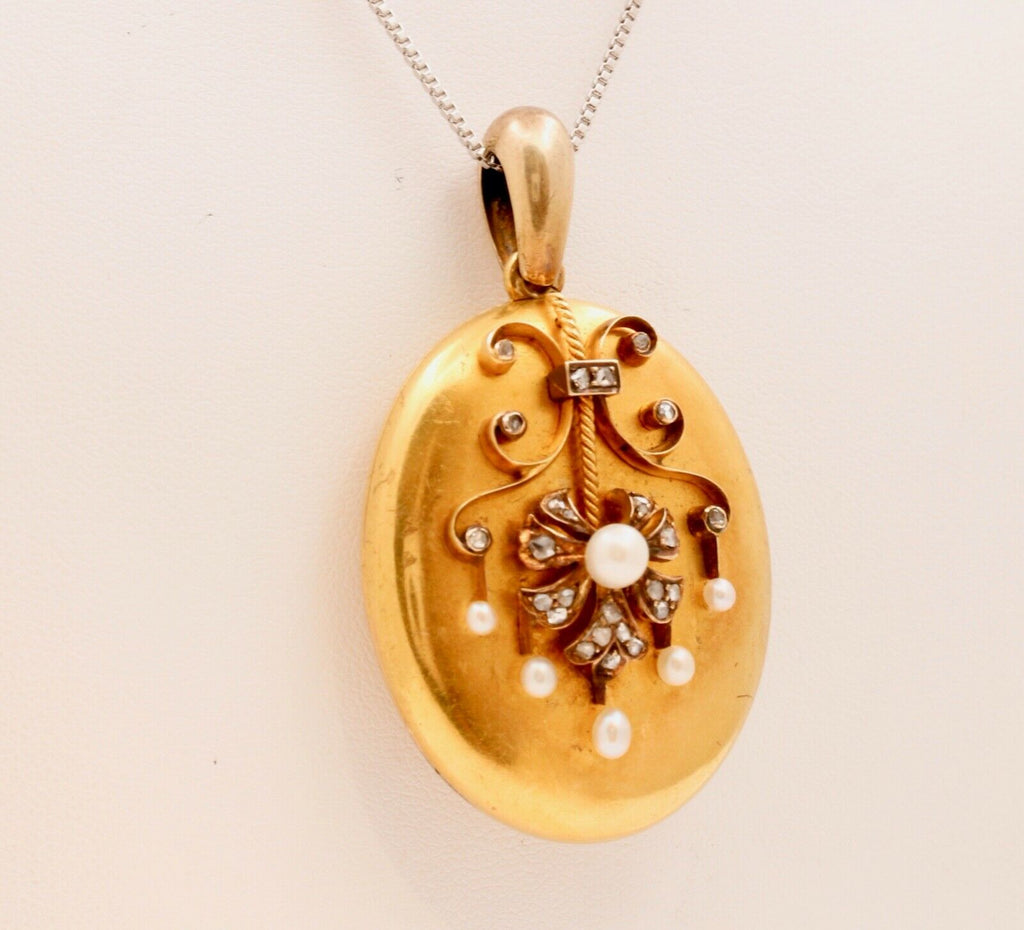 Victorian 18K Yellow Gold Diamonds Pearls Pendant Locket