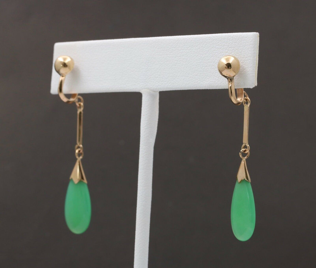 Vintage 14K Yellow Gold Green Chrysoprase Drop Earrings, Screw Back Earrings.