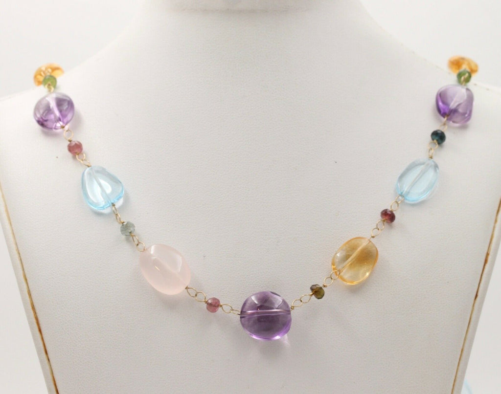 Colorful 14K Yellow Gold Beaded Multi Color Gemstone Necklace.