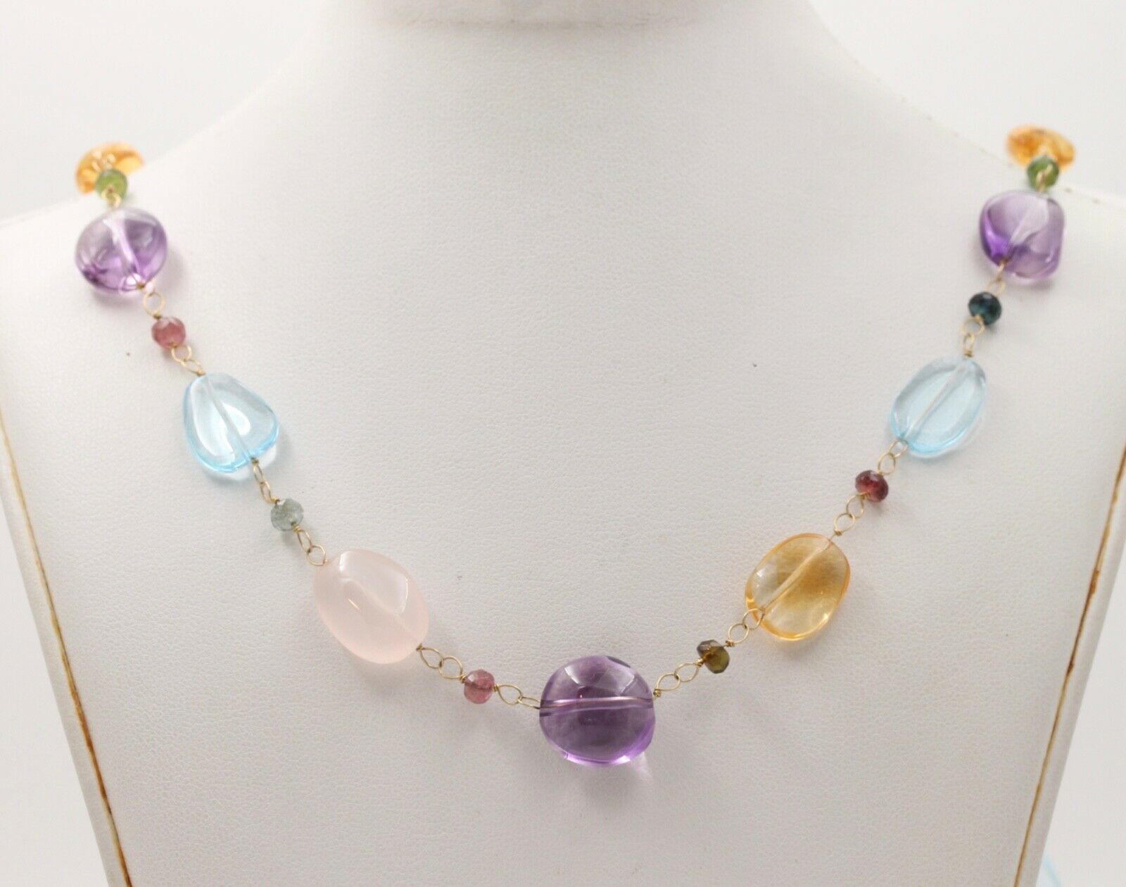 Colorful 14K Yellow Gold Beaded Multi Color Gemstone Necklace.