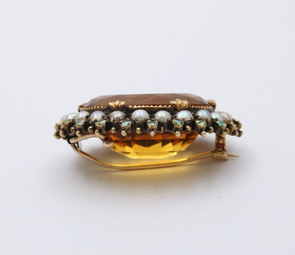 Victorian Madeira Citrine, Pearl Emerald 14K Gold Brooch, Antique Brooch.