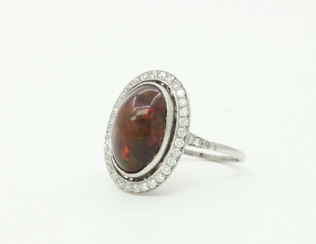 Vintage Ladies Cabochon Opal Diamonds Platinum Ring