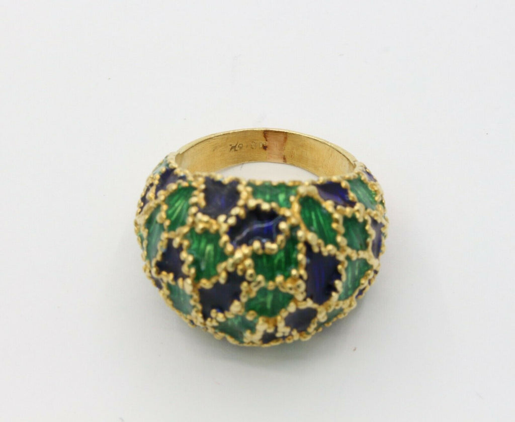 Vintage 18K Gold Blue & Green Enamel Dome Ring