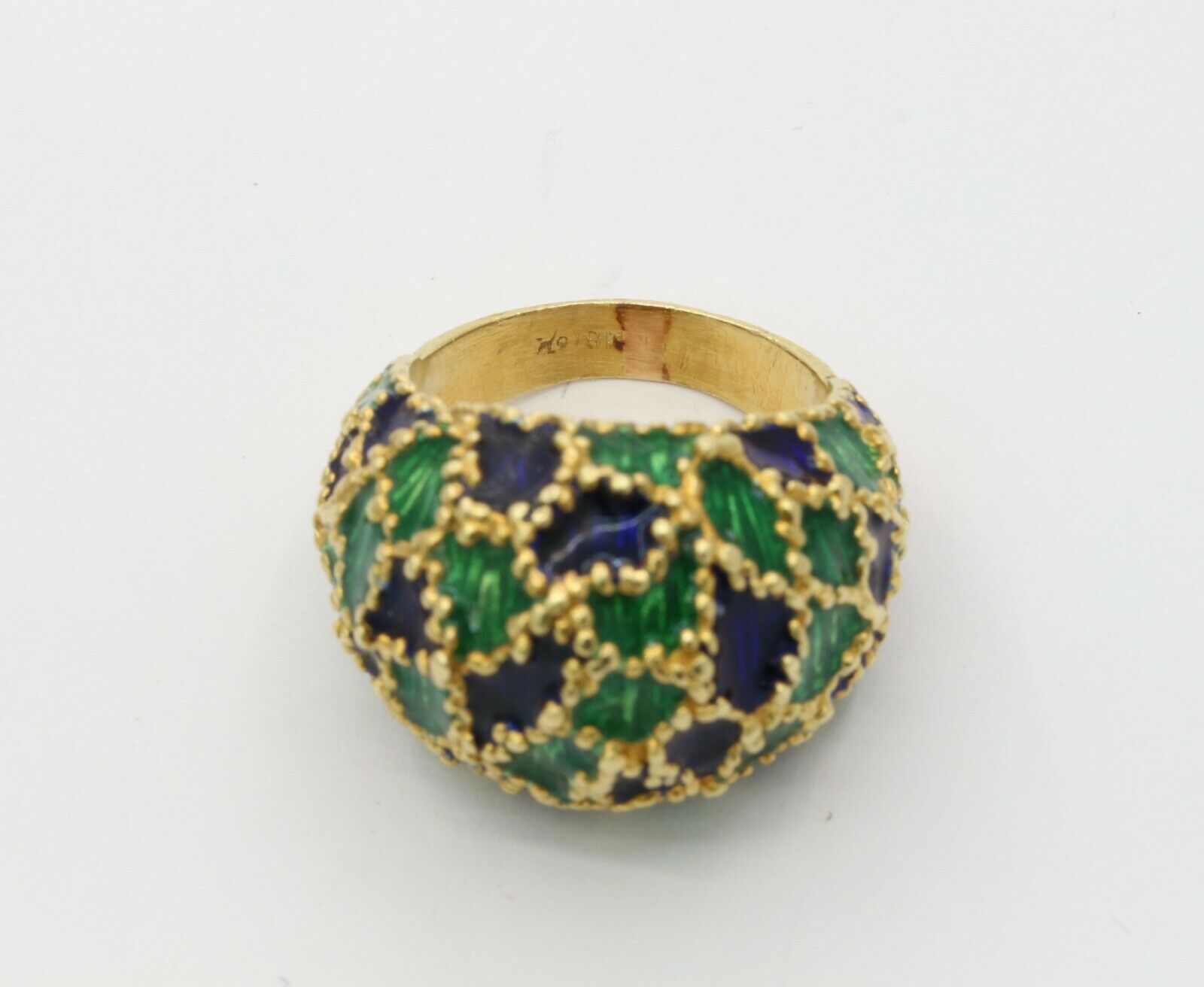 Vintage 18K Gold Blue & Green Enamel Dome Ring