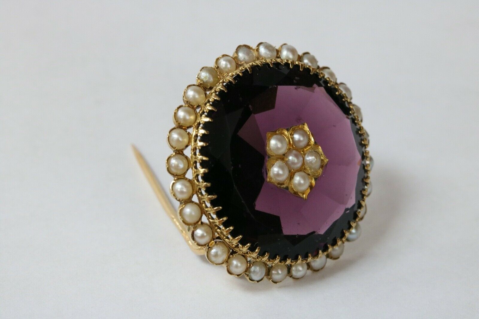 Victorian 18K Yellow Gold Amethyst Seed Pearls Brooch Earrings Set