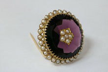 Load image into Gallery viewer, Victorian 18K Yellow Gold Amethyst Seed Pearls Brooch Earrings Set
