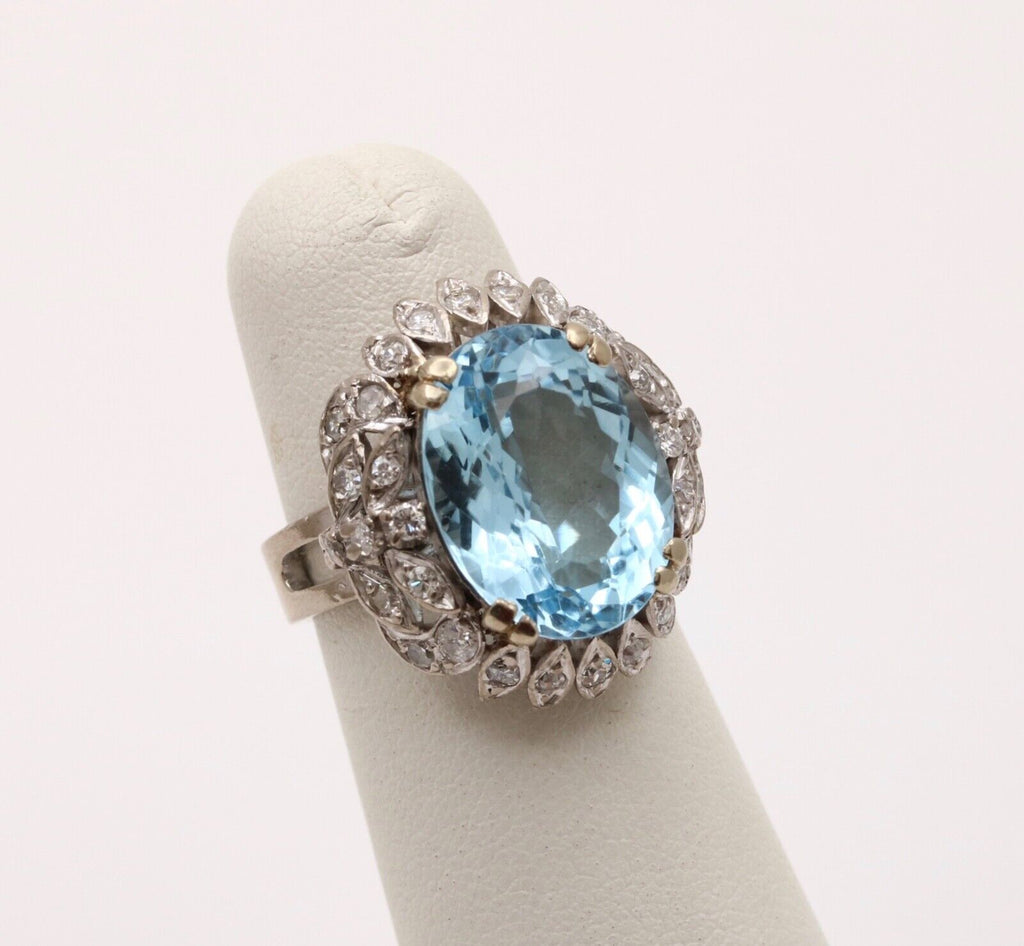 Vintage Blue Topaz Diamonds 14K White Yellow Gold Cocktail Ring