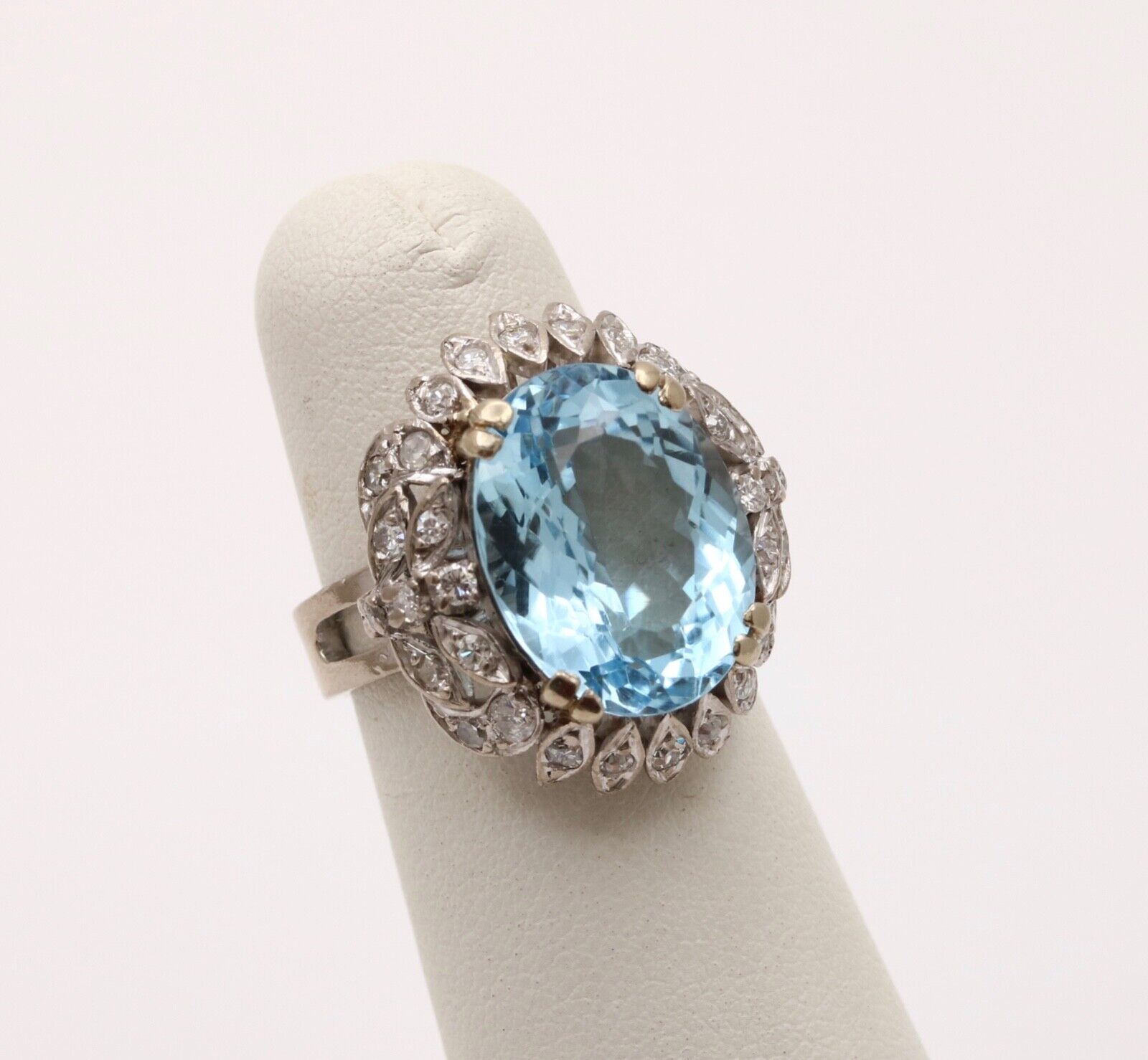 Vintage Blue Topaz Diamonds 14K White Yellow Gold Cocktail Ring