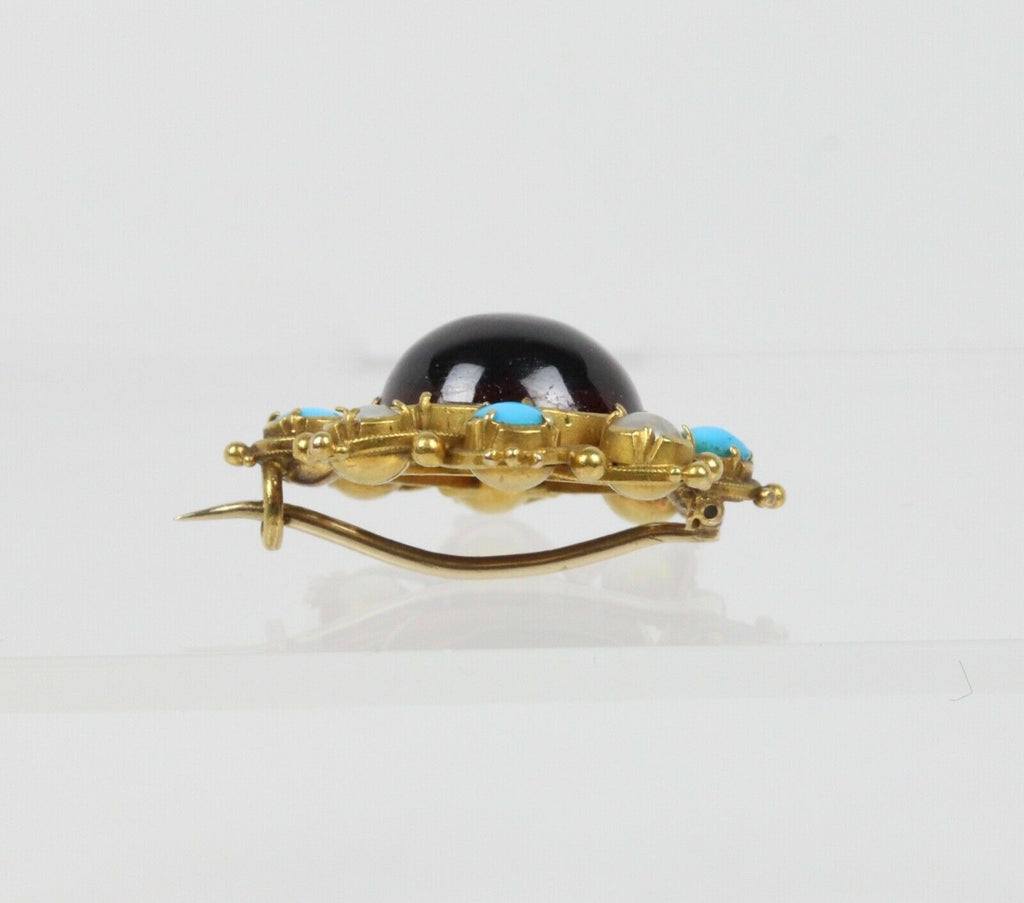 Vintage Tourmaline 14K Yellow Gold Seed Pearls Turquoise Brooch Pin
