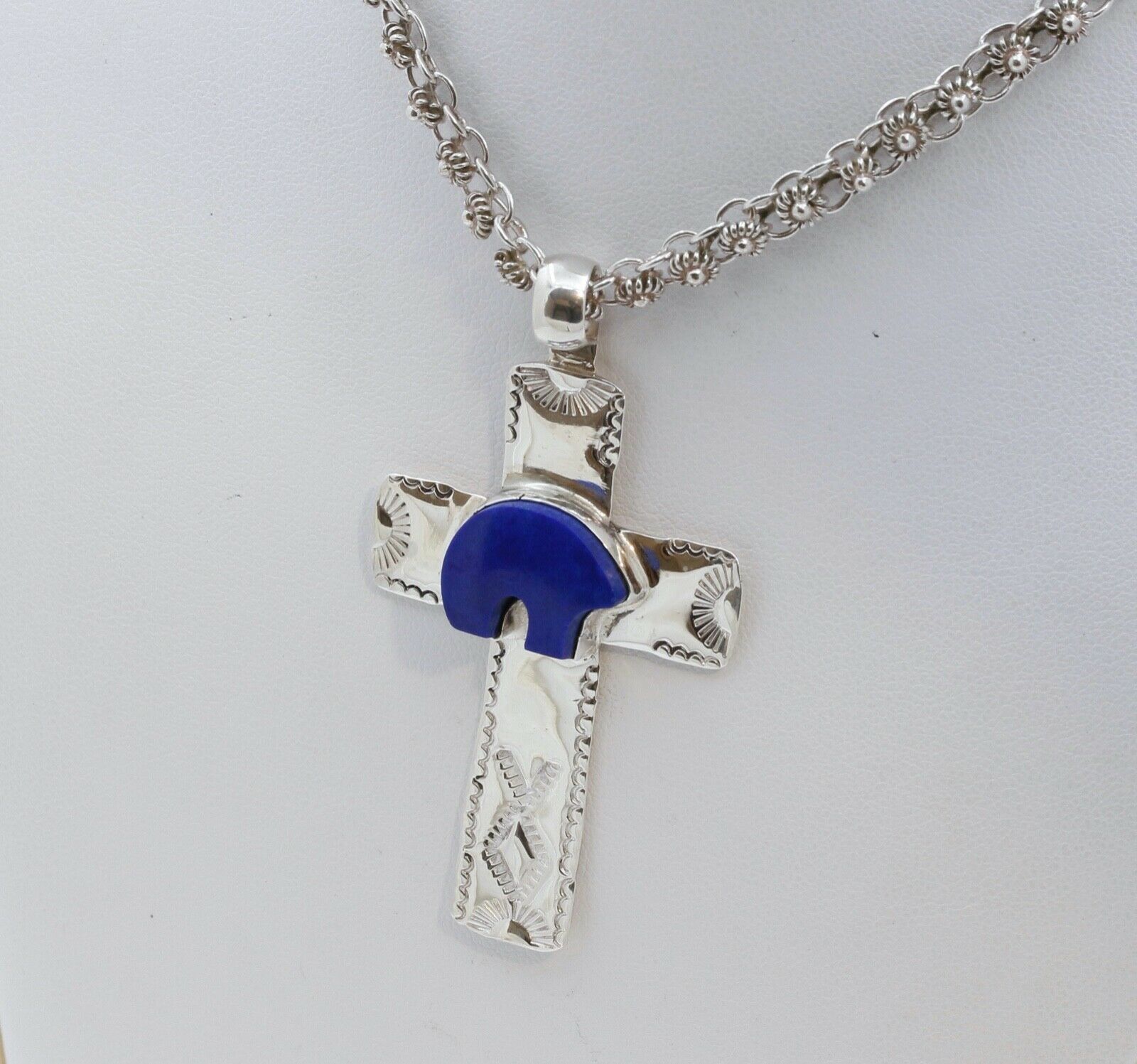 Navajo Lapis Lazuli Bear Sterling Silver Cross Pendant
