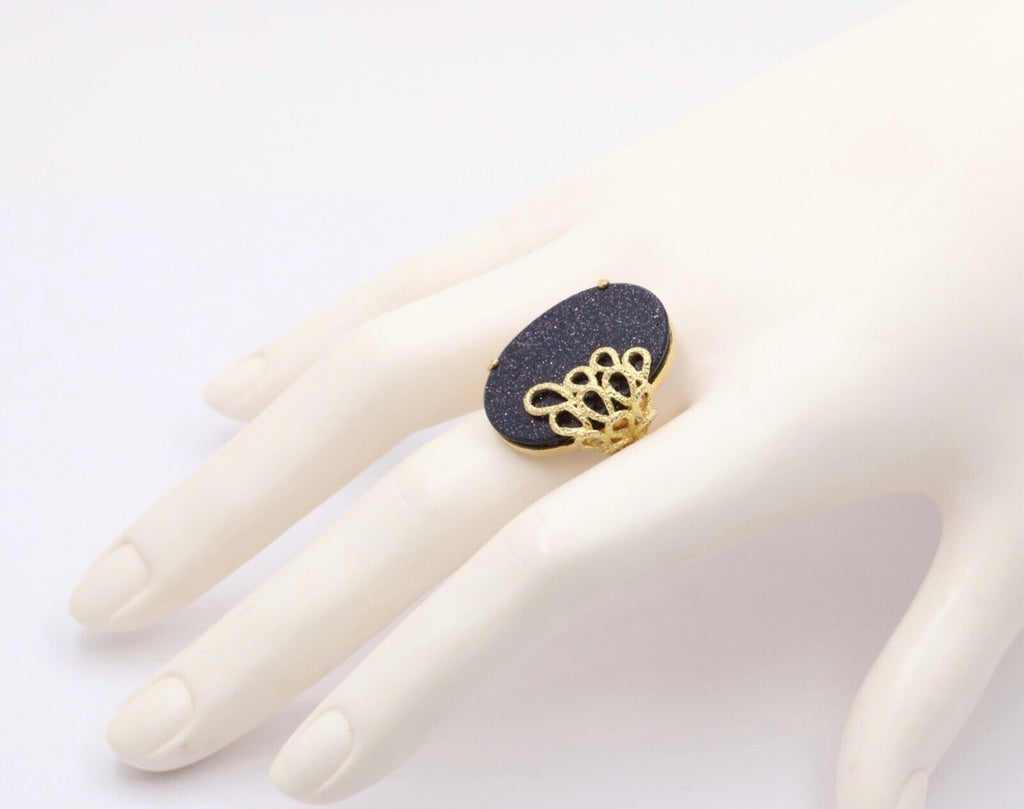 Vintage 18K Yellow Gold Blue Goldstone Statement Ring