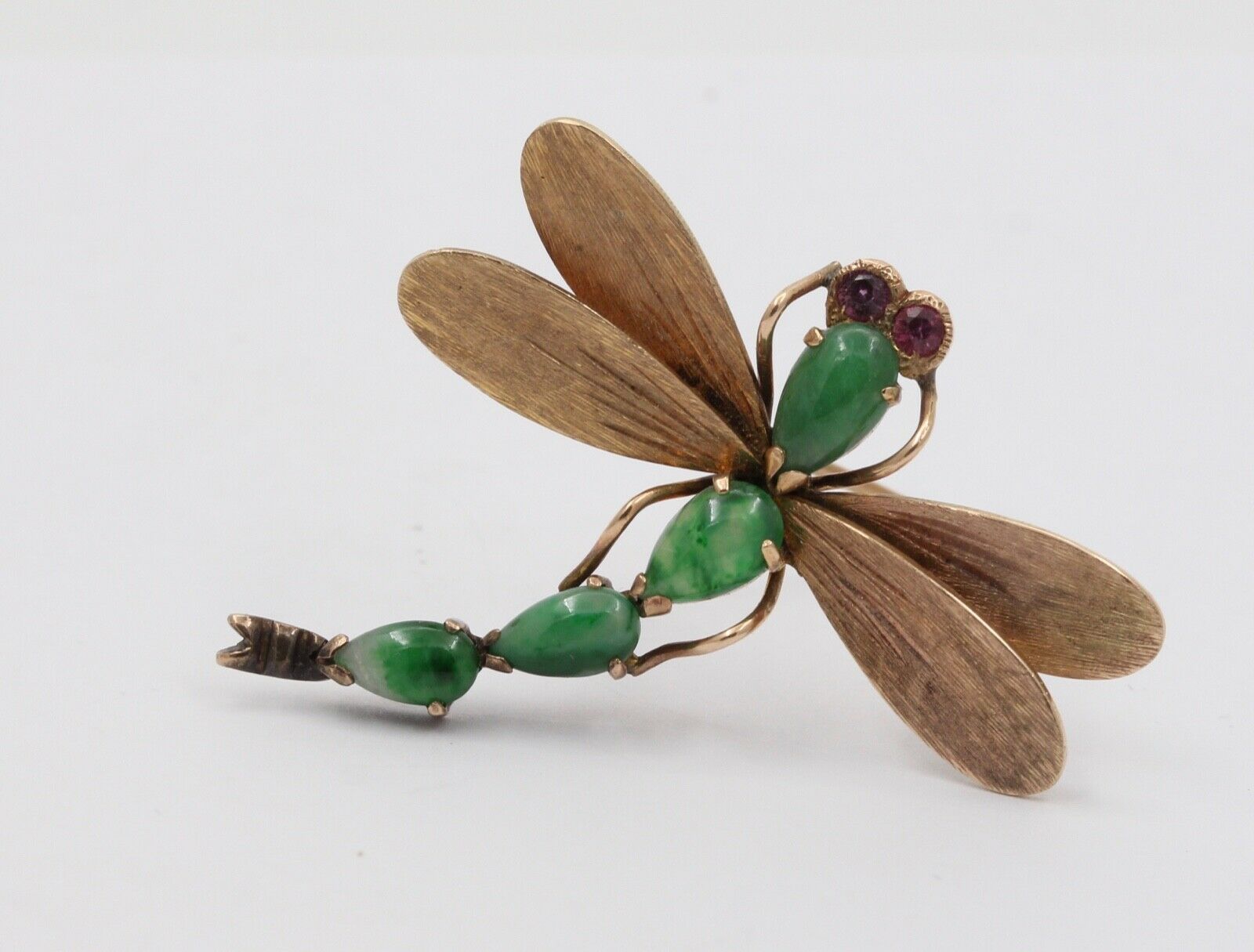 Vintage 14K Yellow Gold Jade Rubies Dragonfly Brooch Pin