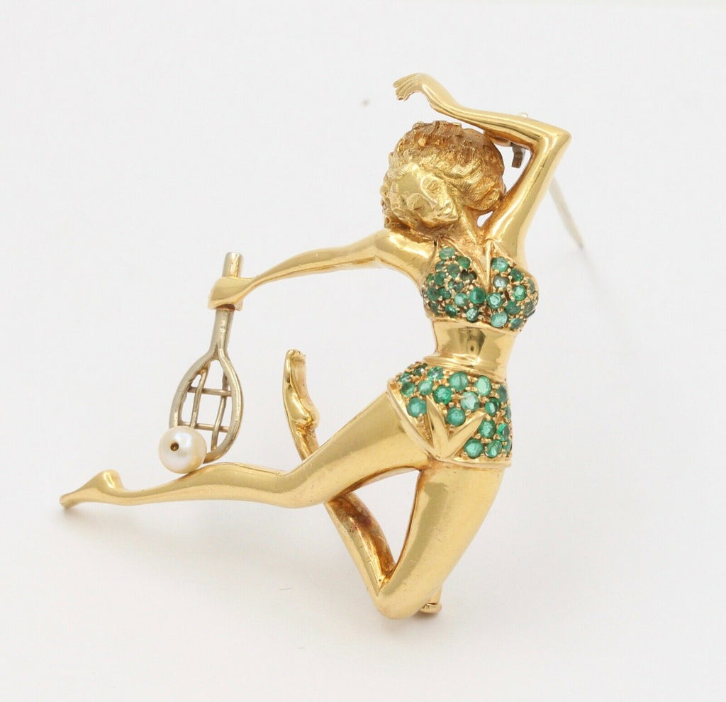 Italian Tennis Player Emeralds Pearl 18K Yellow Gold Brooch