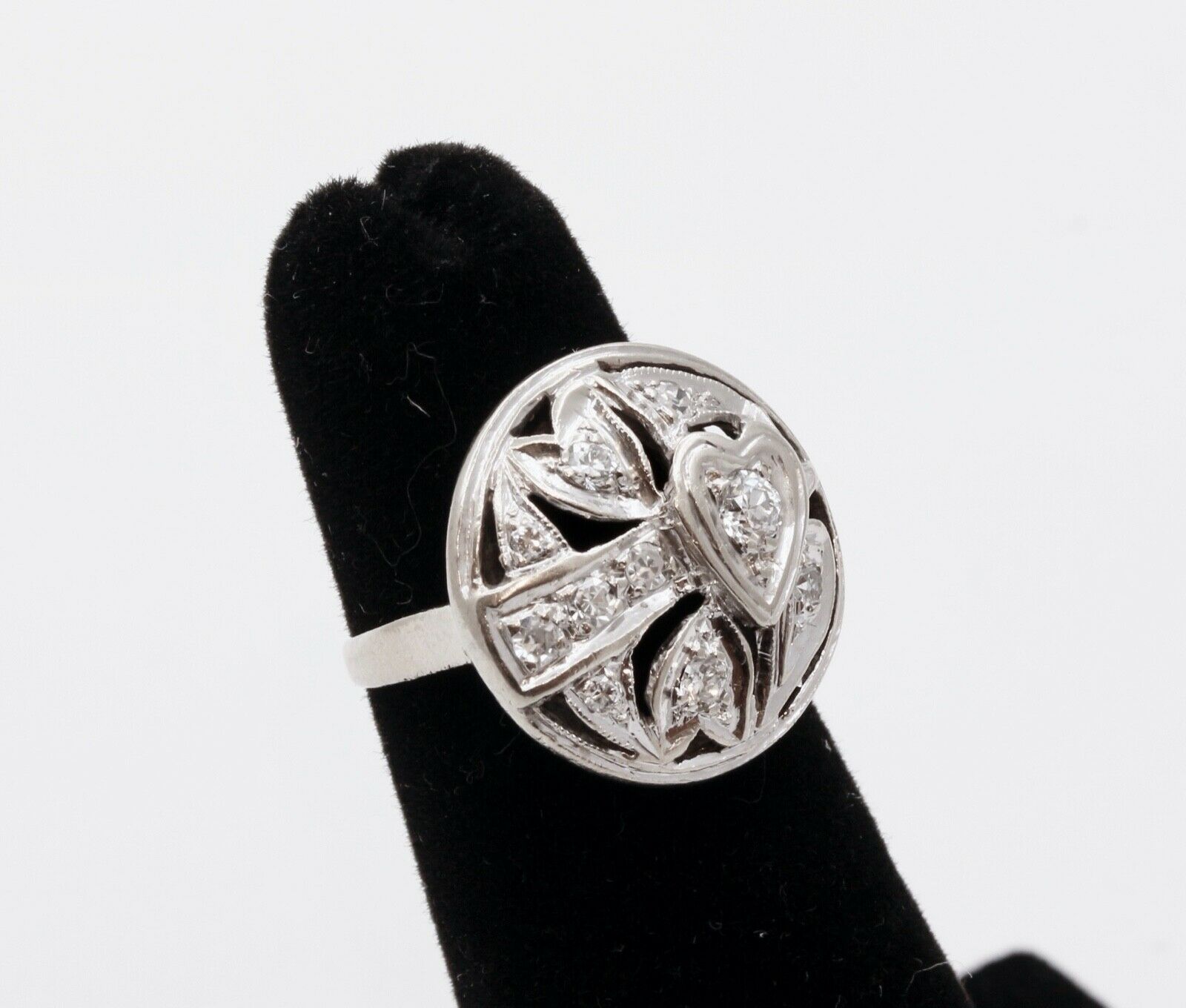 Art Deco Diamonds Hearts 14K White Gold Ring