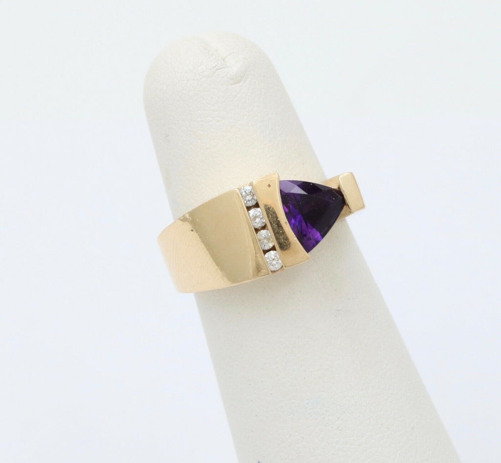 MidCentury 14K Yellow Gold Geometric Siberian Triangle Amethyst Diamond Ring Ban