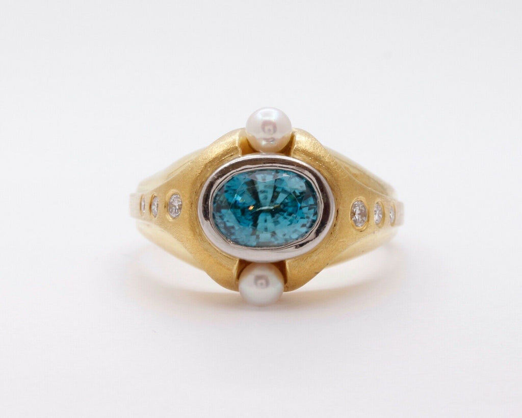 Unisex Mens Ladies Blue Zircon Diamonds Pearls Platinum 18K Yellow Gold Ring