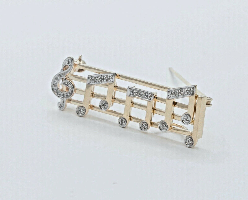 Music Lovers Brooch!! 14K Yellow Gold Diamonds Notes Movable Staff Pin Pendant