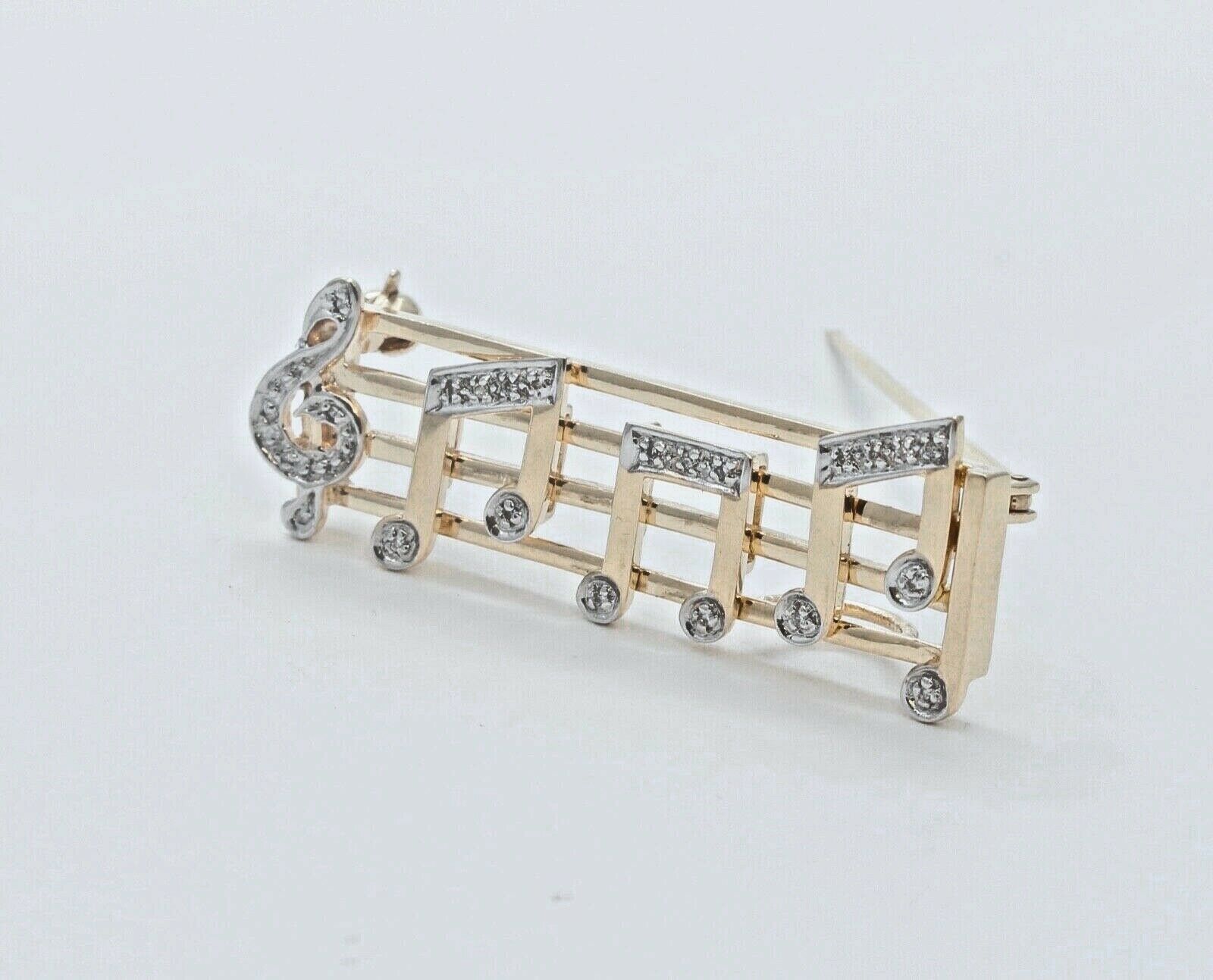Music Lovers Brooch!! 14K Yellow Gold Diamonds Notes Movable Staff Pin Pendant