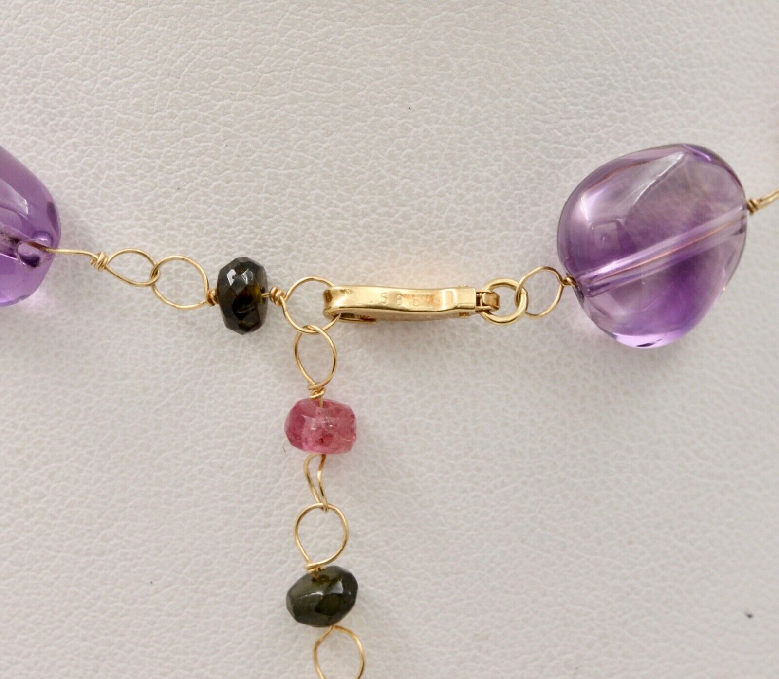 Colorful 14K Yellow Gold Beaded Multi Color Gemstone Necklace.