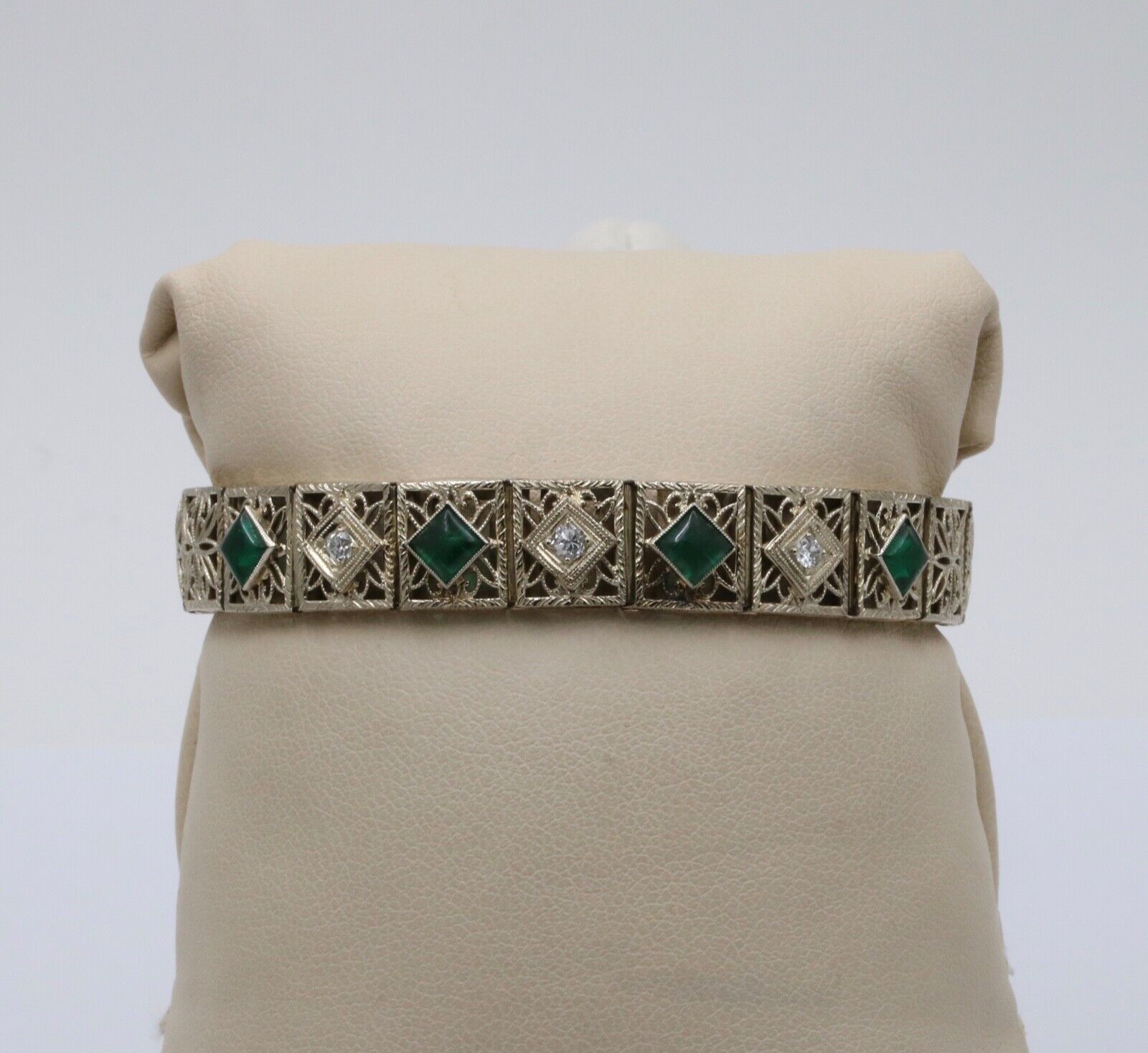 Art Deco Flower Filagree Diamonds Emeralds 14K White Gold Bracelet