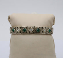 Load image into Gallery viewer, Art Deco Flower Filagree Diamonds Emeralds 14K White Gold Bracelet
