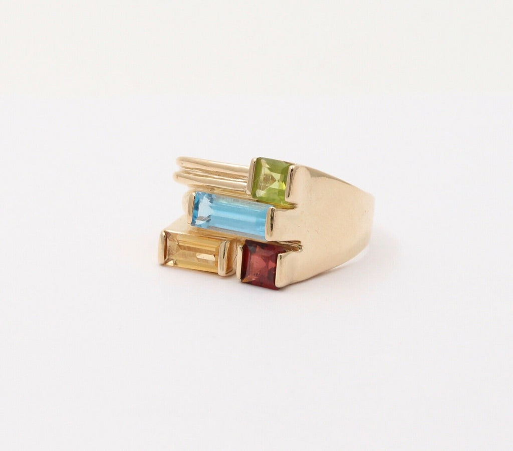 Vintage Geometric Multi Stone 14K Yellow Gold Ring