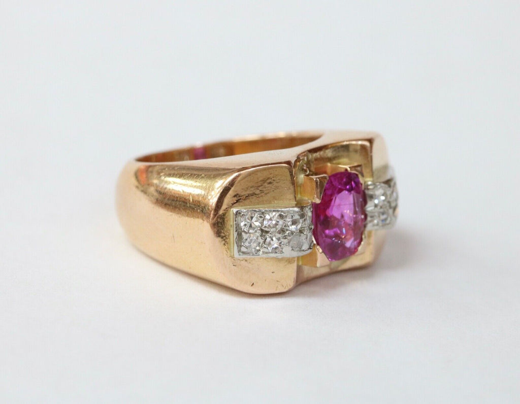 Retro 1940’s Pink Sapphire and Diamond 18K Yellow Gold Ring