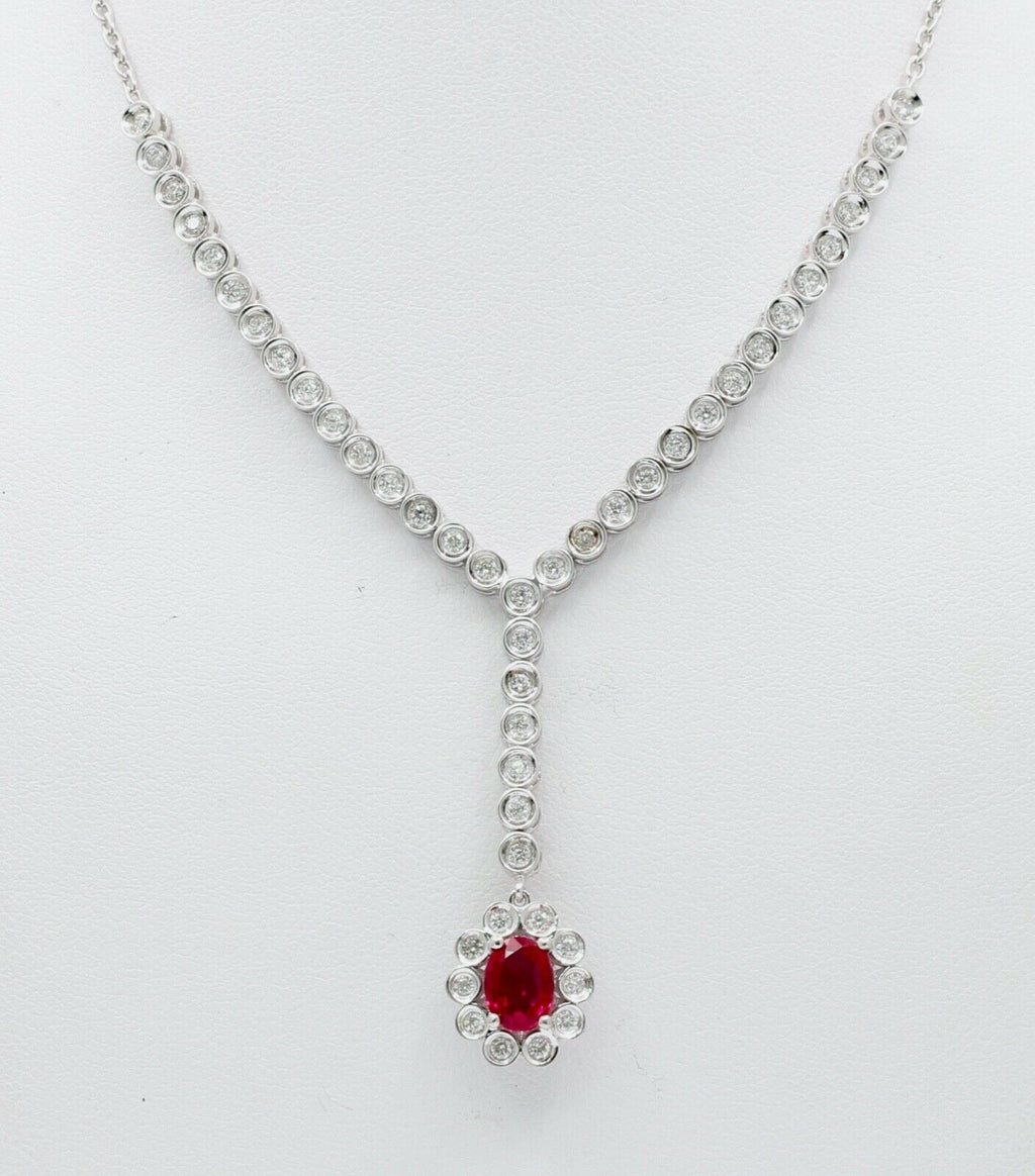 Vintage Ladies Oval Ruby Diamonds 18K White Gold Necklace