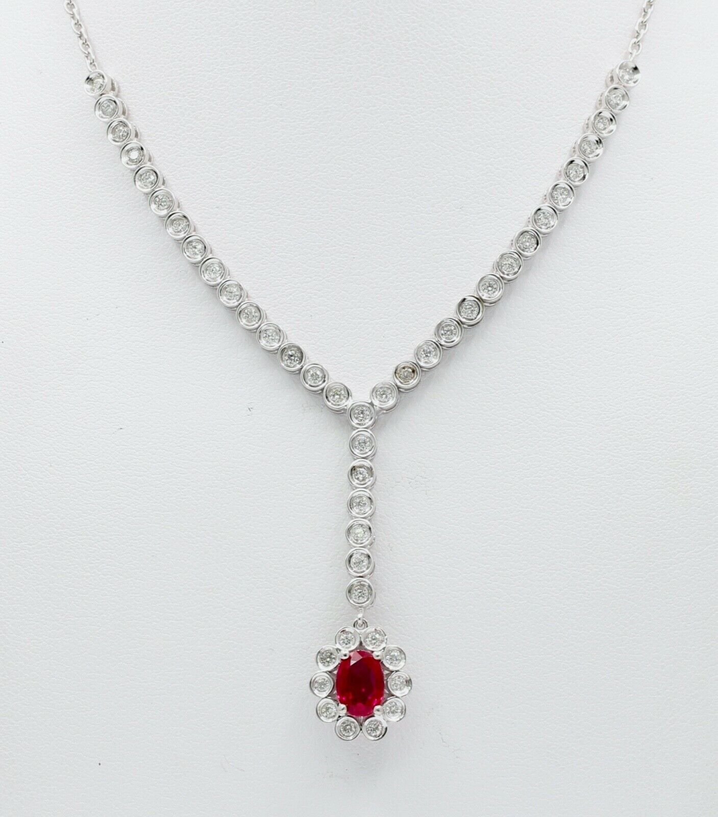 Vintage Ladies Oval Ruby Diamonds 18K White Gold Necklace