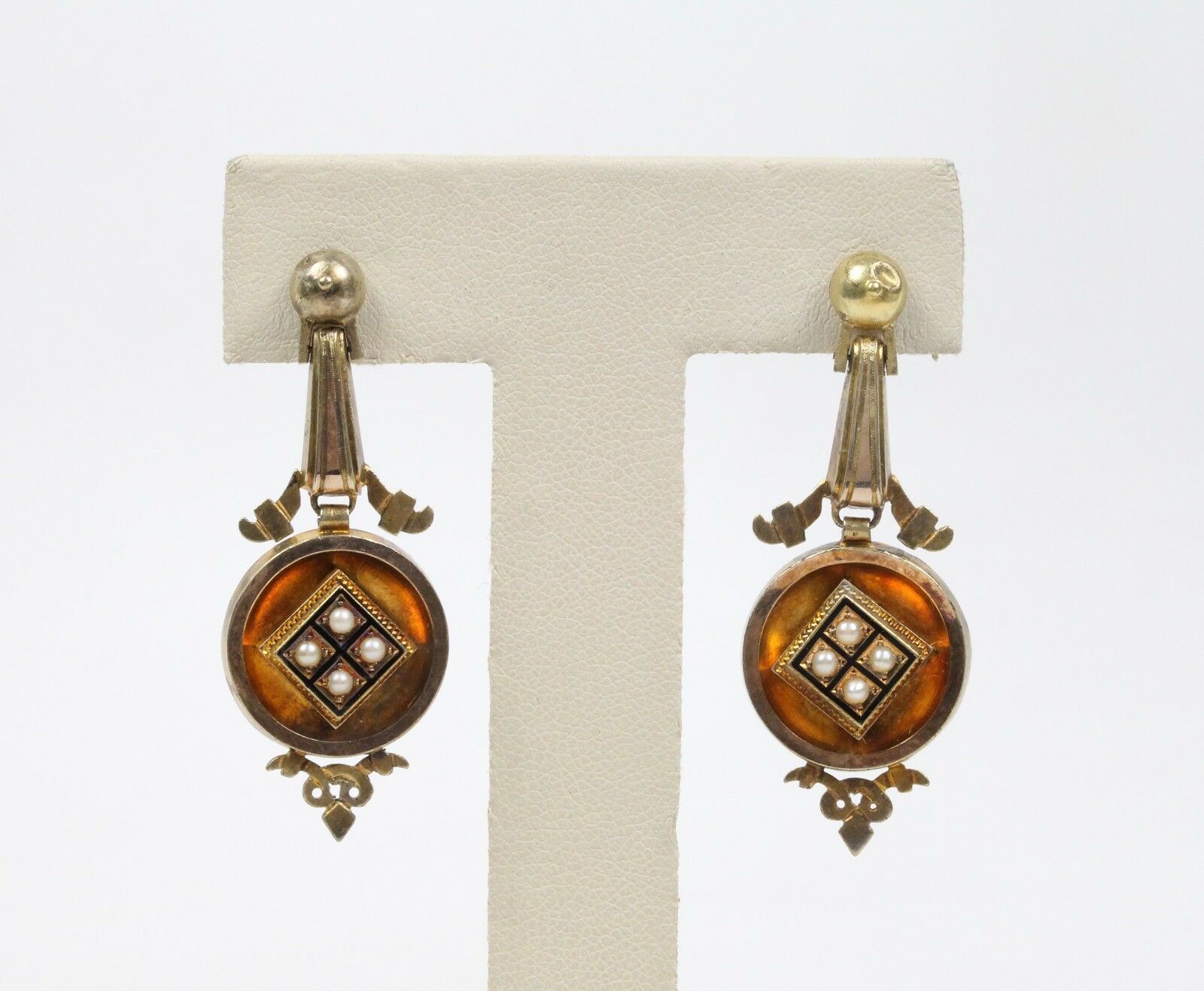 Victorian 18K Yellow Gold Seed Pearls Hanging Earrings