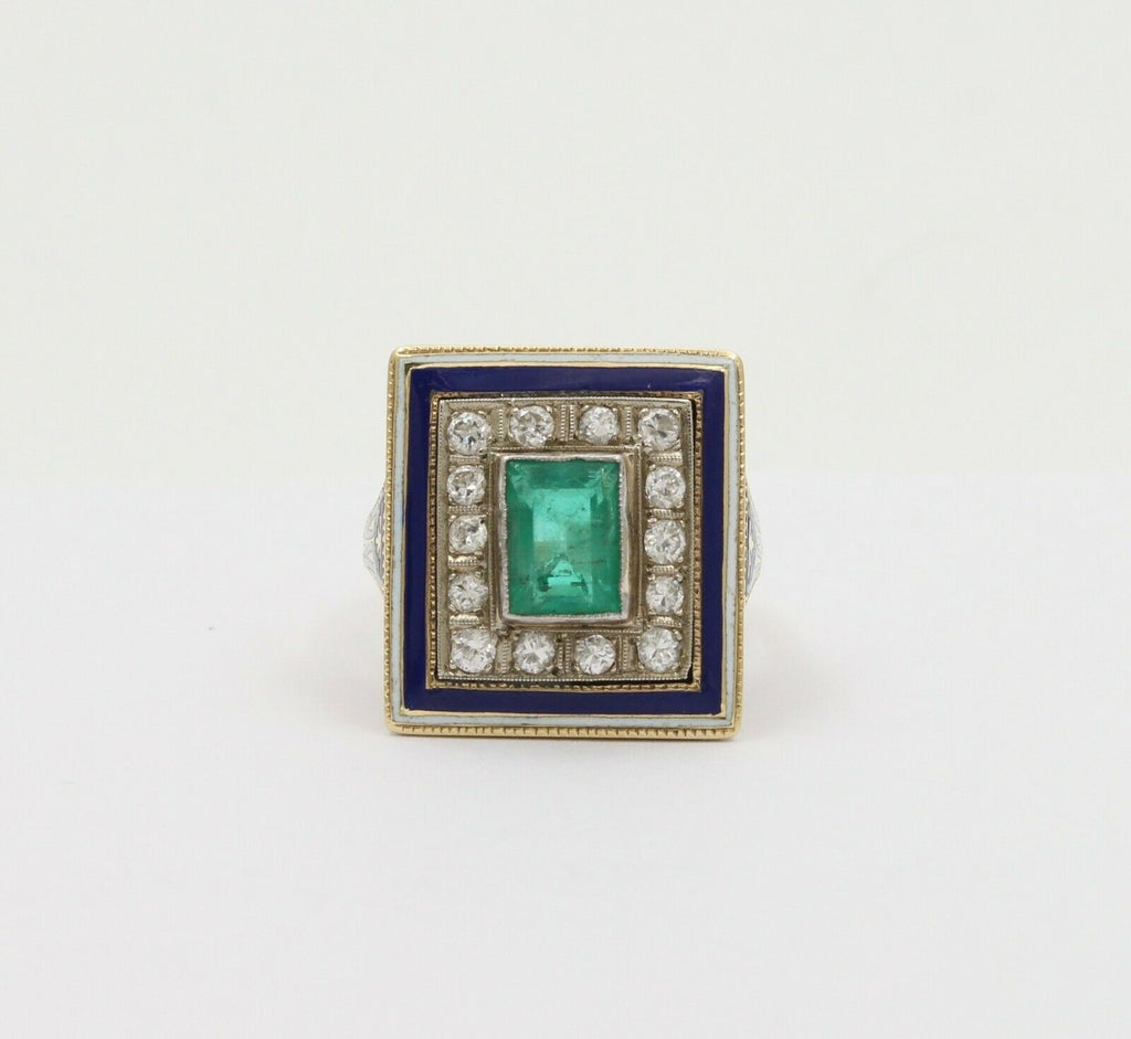Vintage 14K Yellow Gold Emerald Diamond Enamel Ring