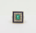 Vintage 14K Yellow Gold Emerald Diamond Enamel Ring