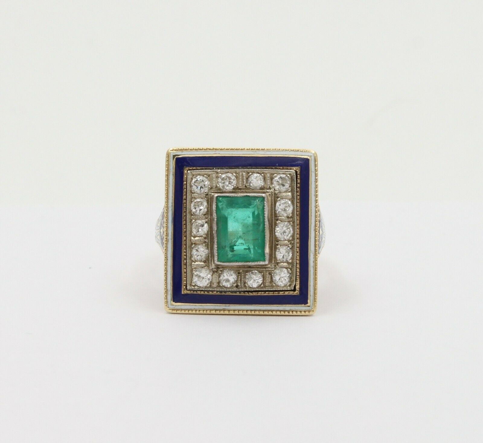 Vintage 14K Yellow Gold Emerald Diamond Enamel Ring