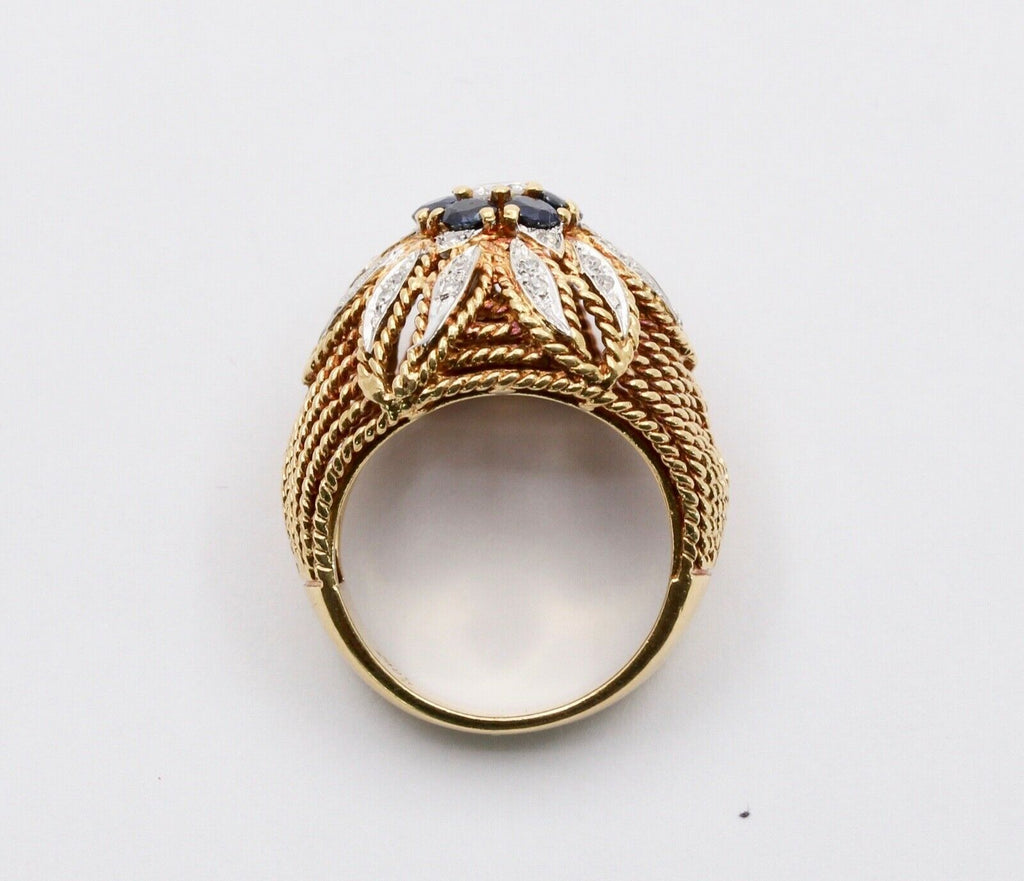 Italian Vintage High Dome Cluster Ring Sapphires Diamonds 18K YG WG Ring