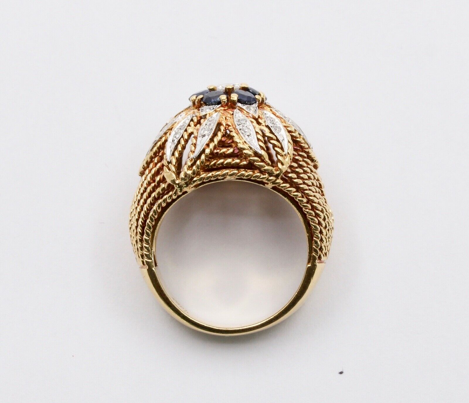 Italian Vintage High Dome Cluster Ring Sapphires Diamonds 18K YG WG Ring