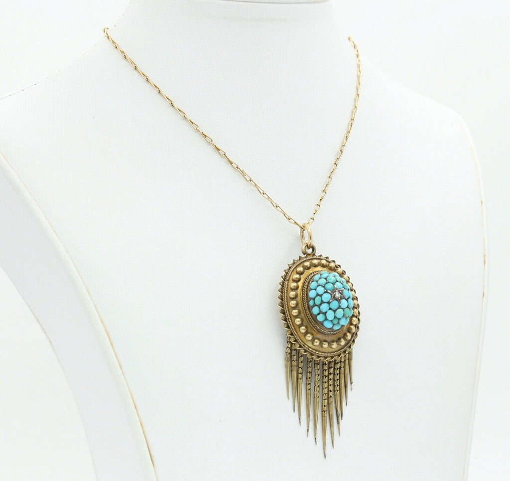 Victorian 14K 10K Yellow Gold Turquoise Diamond Chain Pendant