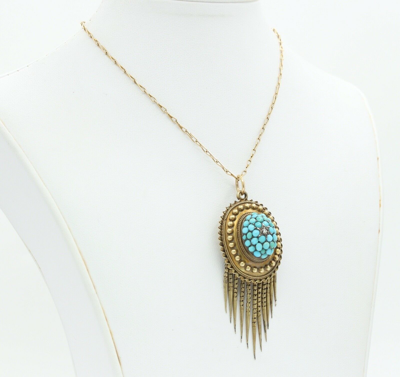 Victorian 14K 10K Yellow Gold Turquoise Diamond Chain Pendant